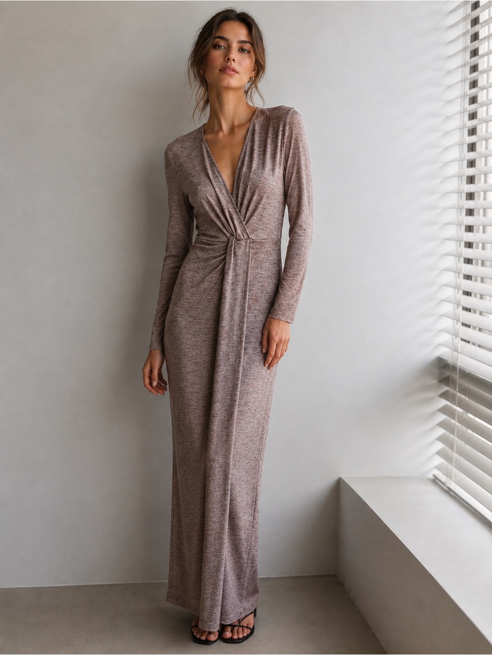 Dynamite Long Sleeve Twist Maxi Dress in Taupe Heather
